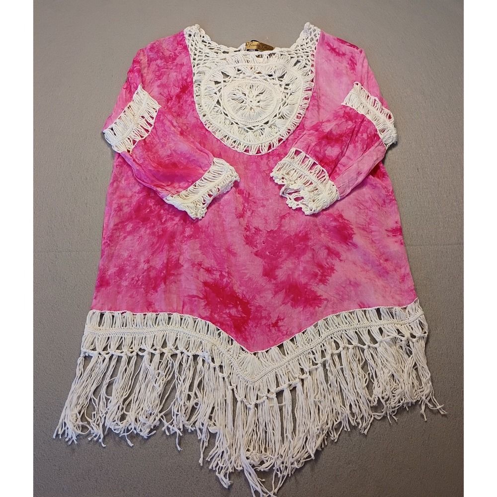 Jessica Taylor Bohemian Pink‎ White Tie-Dye Cover Up Dress One Size Crocheted